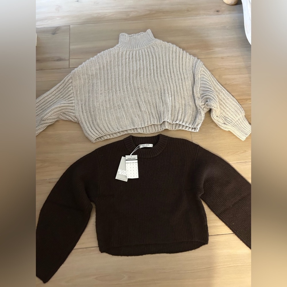 NEW Brown Gray Lot of 2 Crop Top Oversized Chunky Crewneck Mockneck Sweaters L
